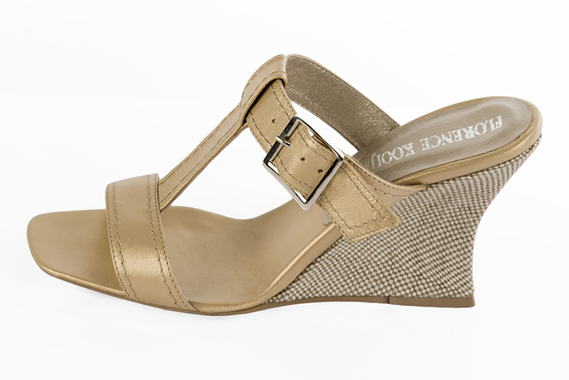 Gold women's fully open mule sandals. Square toe. High wedge heels. Profile view - Florence KOOIJMAN